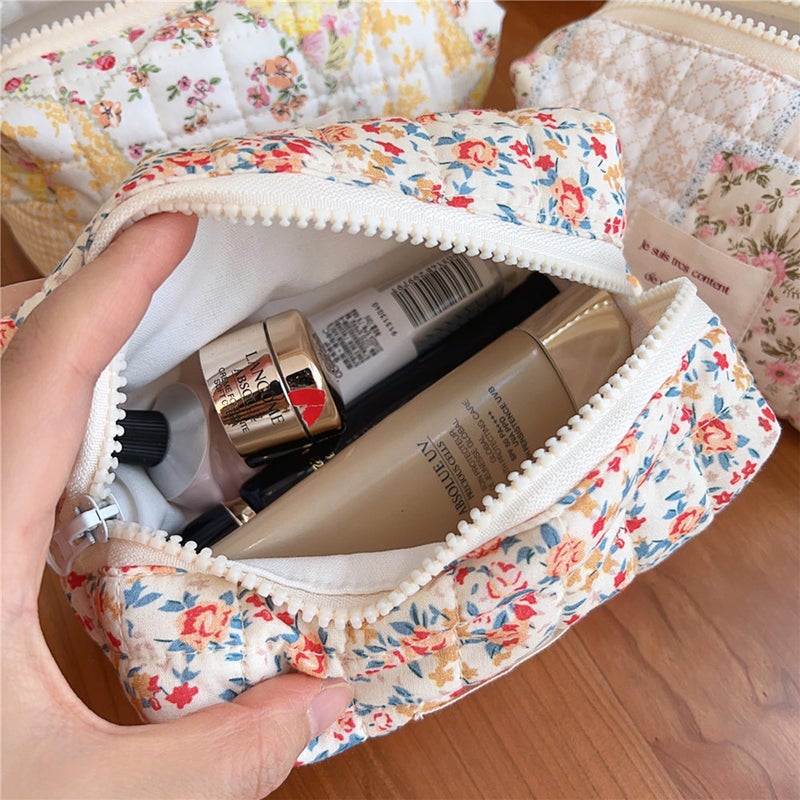 Sminra Floral Small Makeup Bag  Cute Cotton Quilted Cosmetic Bag Pouch Organizer  Aesthetic Coquette Preppy Portable Purse Toiletry Bag for Women Girls Travel accessoriess (Red Floral-S) - Image 4